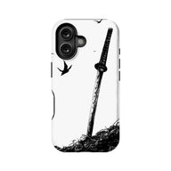 White phone case with black samurai sword illustration, rear product view