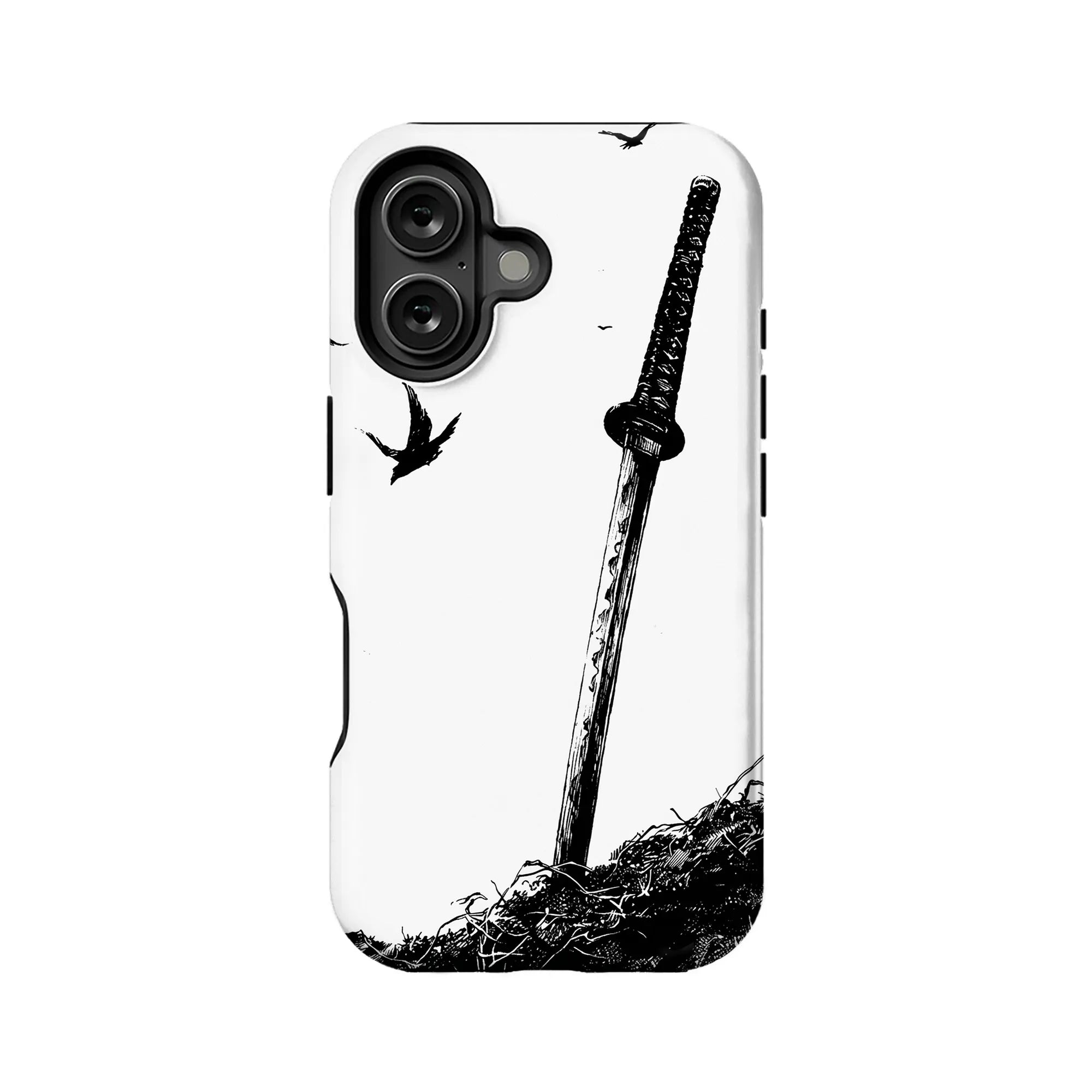 White phone case with black samurai sword illustration, rear product view