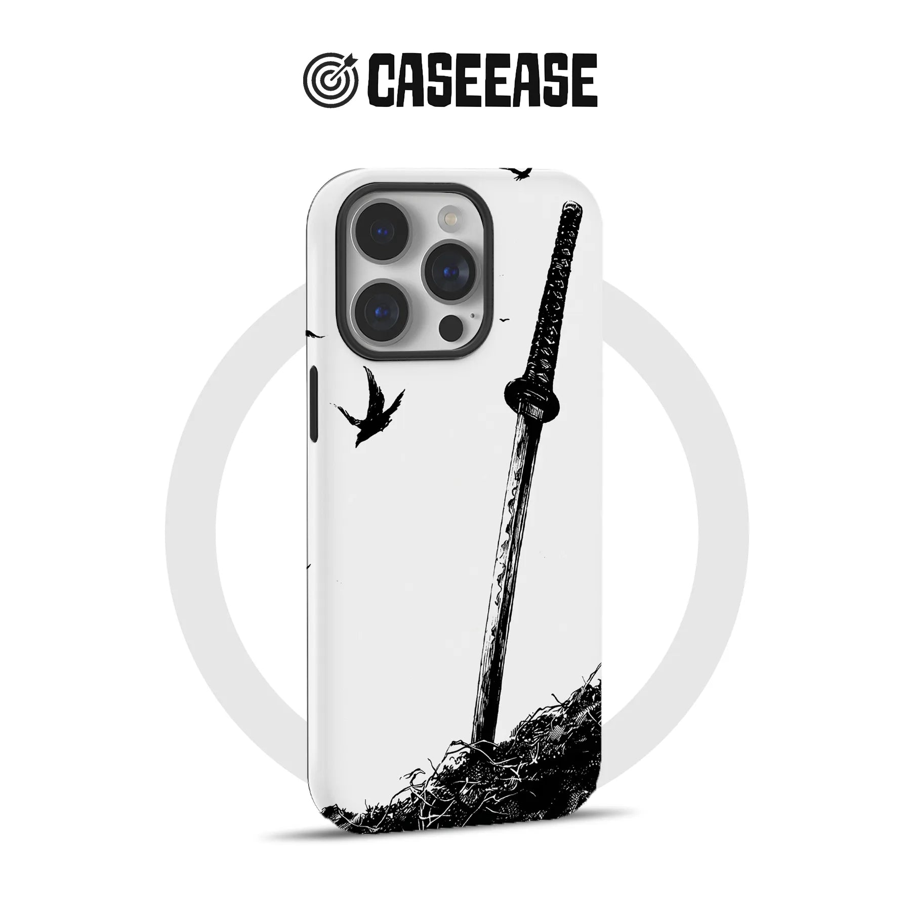 White phone case with black sword artwork, rear angle for CASEEASE storefront