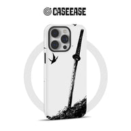 White phone case with black sword artwork, rear angle for CASEEASE storefront