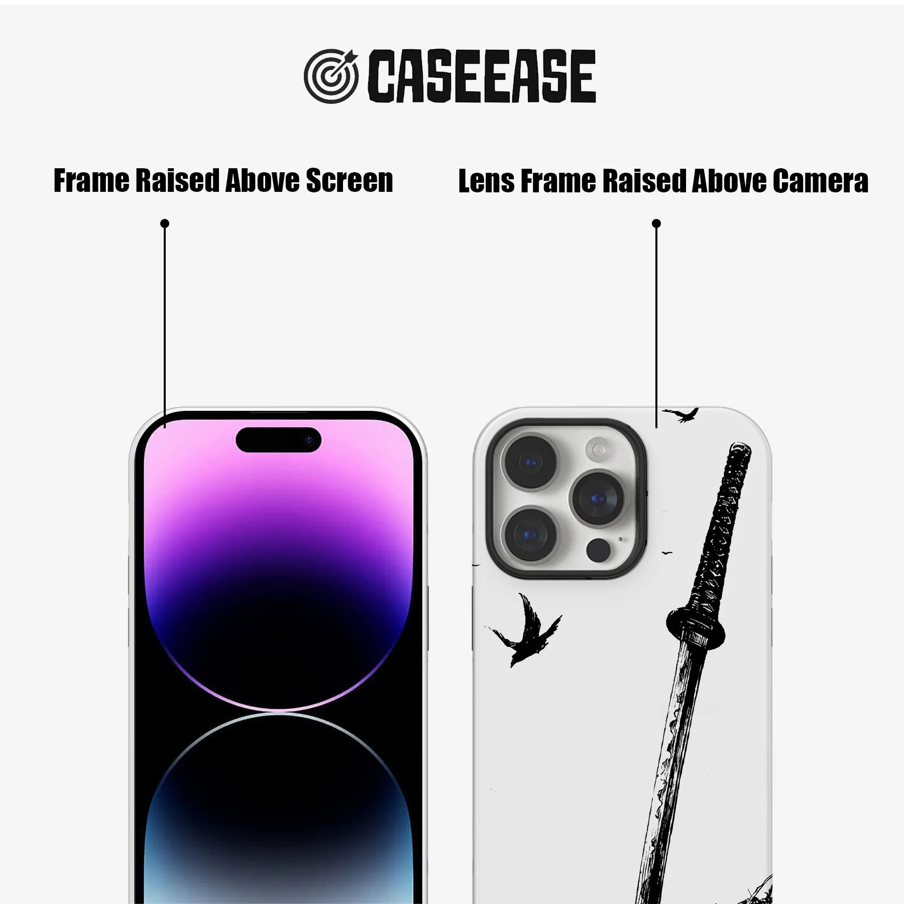 White phone case with black katana art, front and back raised frame detail