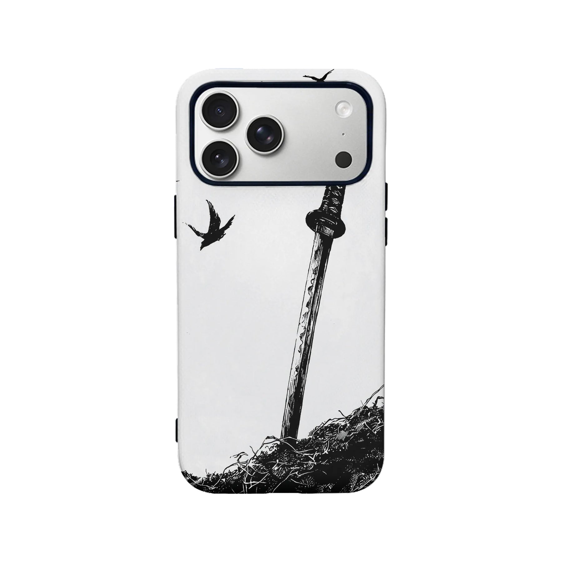 White plastic phone case with black sword and bird illustration, rear product view