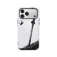 White plastic phone case with black sword and bird illustration, rear product view
