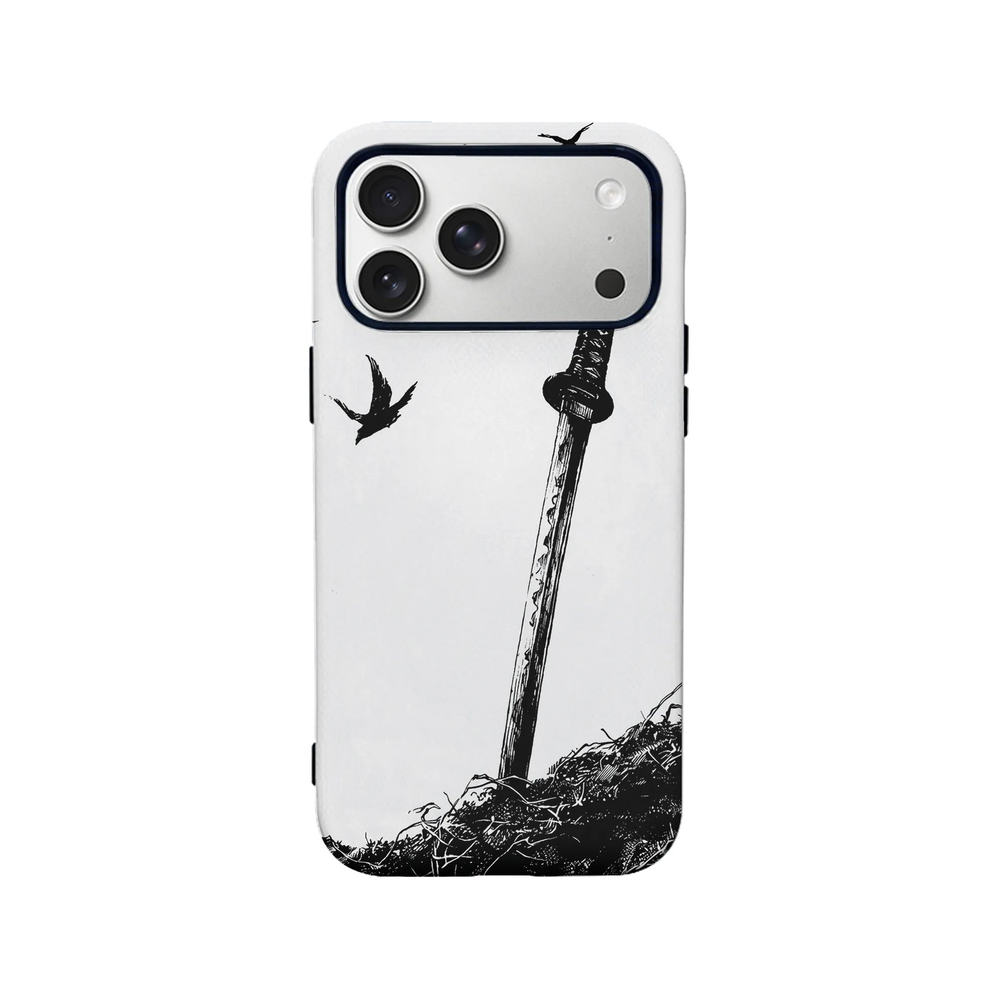 White plastic phone case with black sword and bird illustration, rear product view