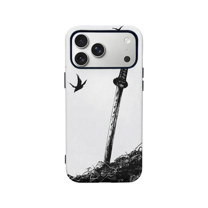 White plastic phone case with black sword and bird illustration, rear product view