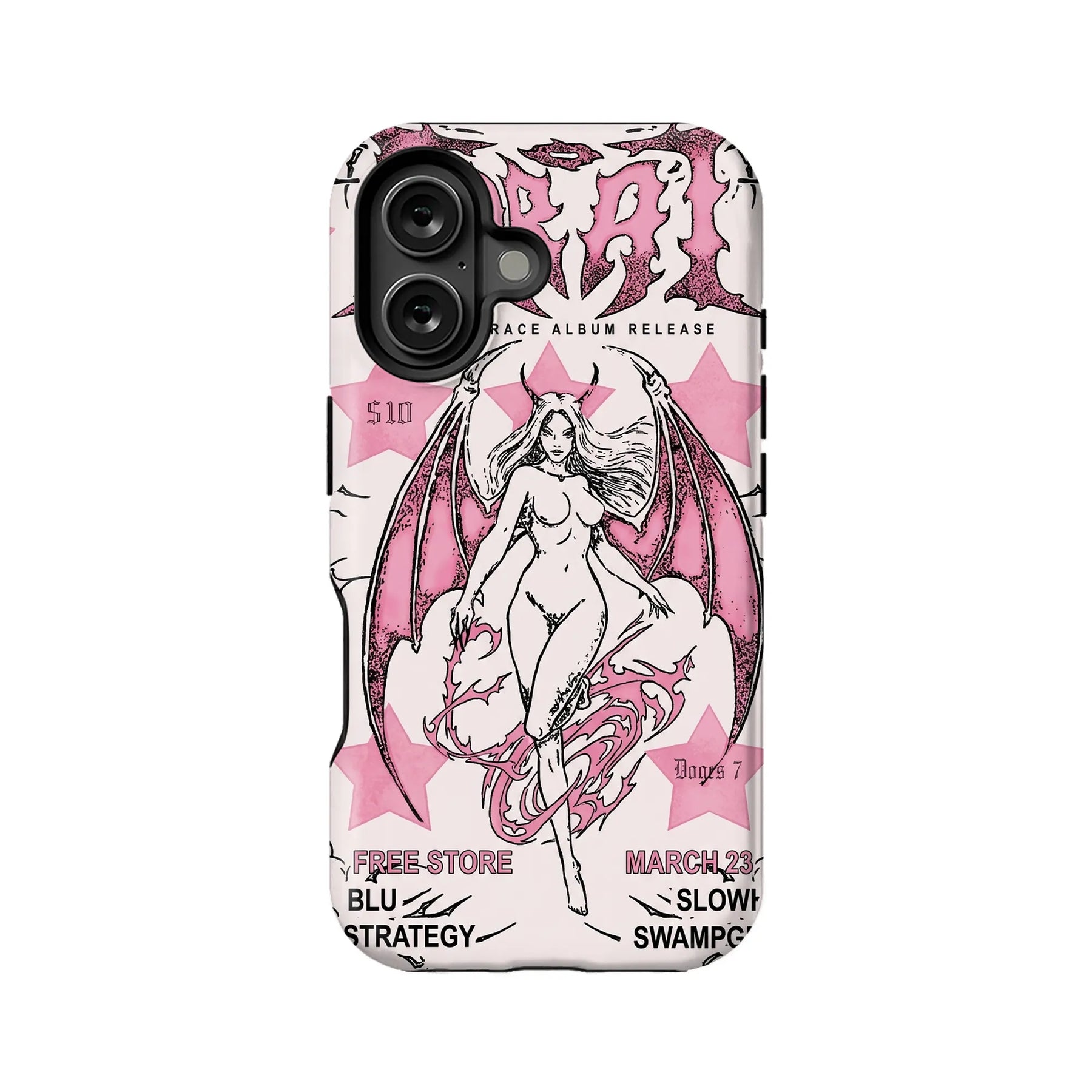 Pink and black gothic angel print plastic phone case, rear product view