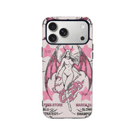 Pale pink gothic phone case with black winged woman illustration, rear view