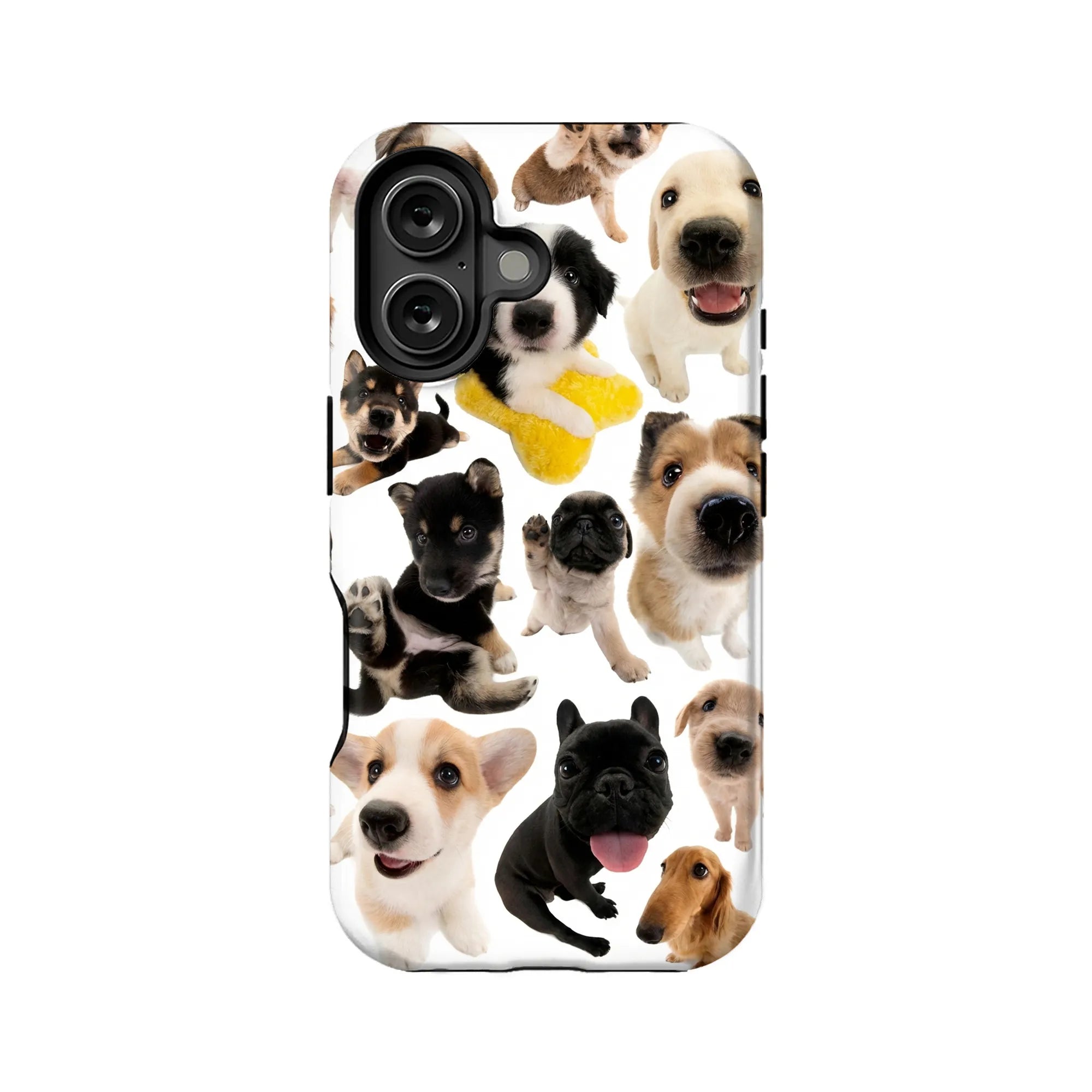 White smartphone case with colorful puppy collage, rear angle, dual camera cutout