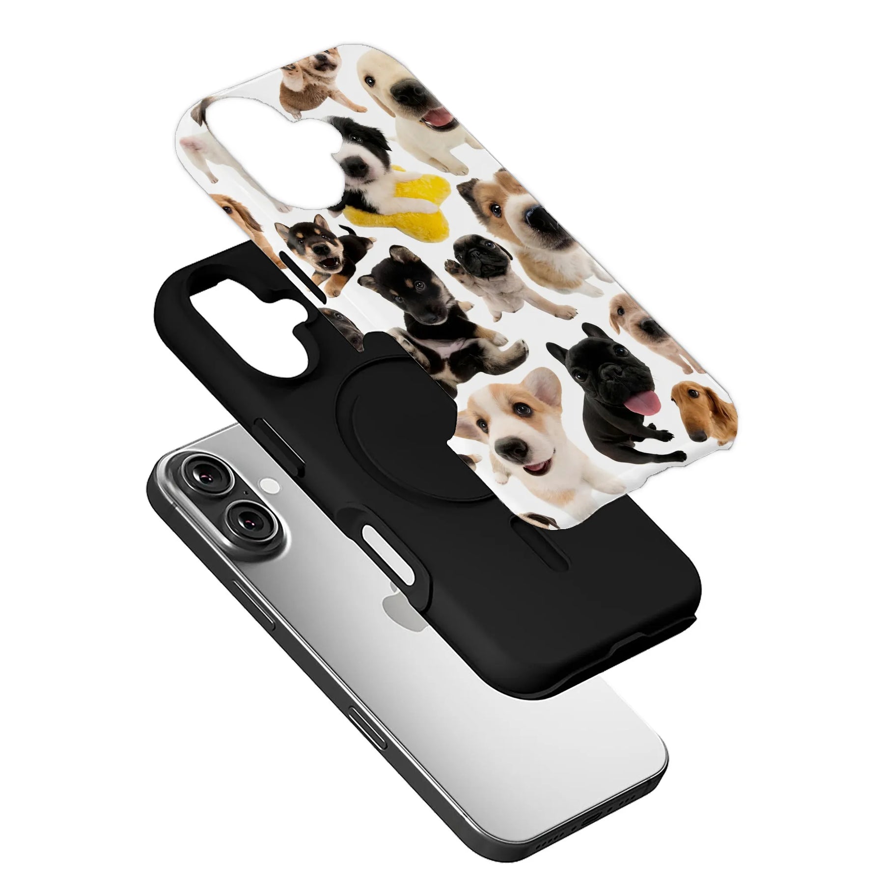 White puppy-print phone case with black liner shown angled above smartphone