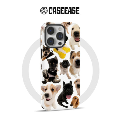 White CASEEASE plastic phone case with puppy collage design, rear angled product display