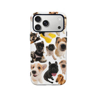 White dog print phone case shown from back with black camera surround