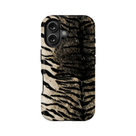 Black and beige tiger print phone case shown from rear product angle