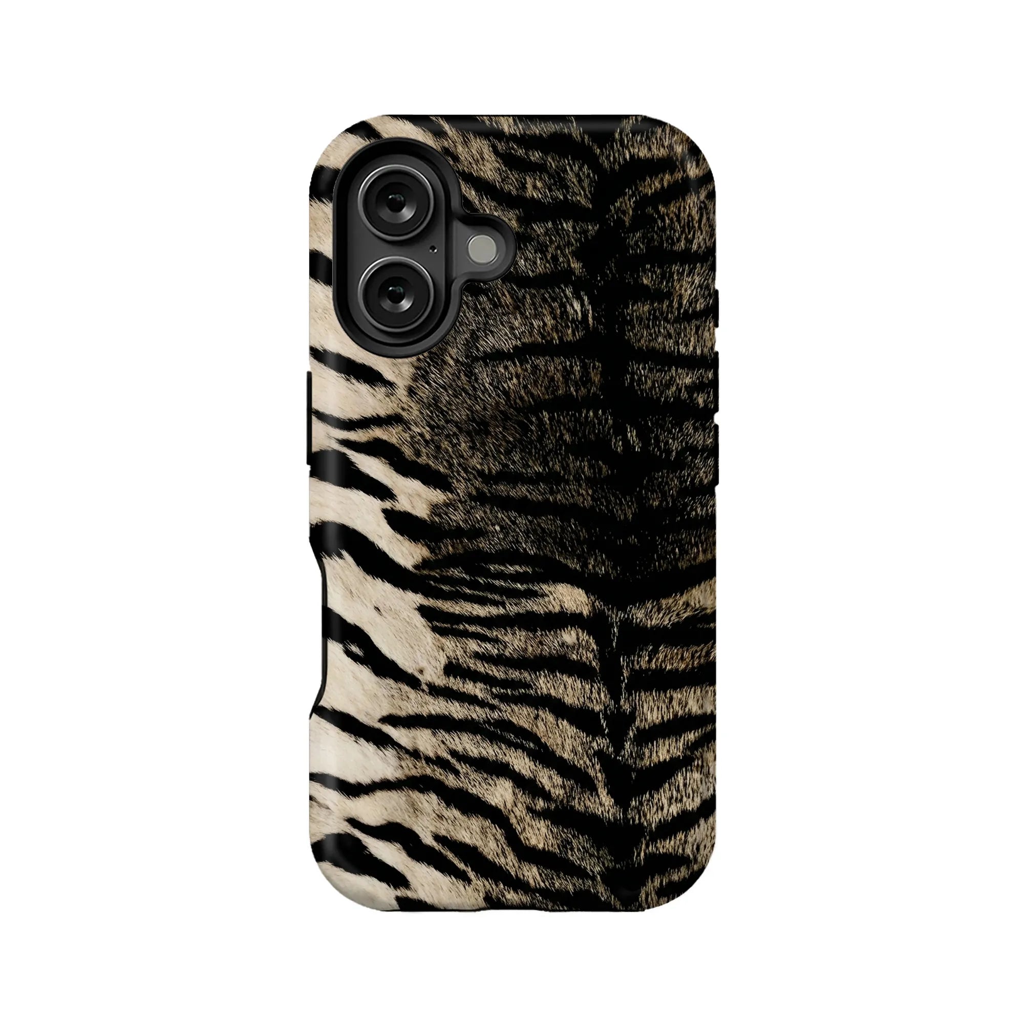 Black and beige tiger print phone case shown from rear product angle