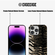 Black beige tiger print phone case front and rear views with raised frames