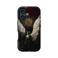 Dark red and black angel wing phone case, back view with gold sun design