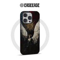 Black CASEEASE phone case with angel wings artwork, rear product angle