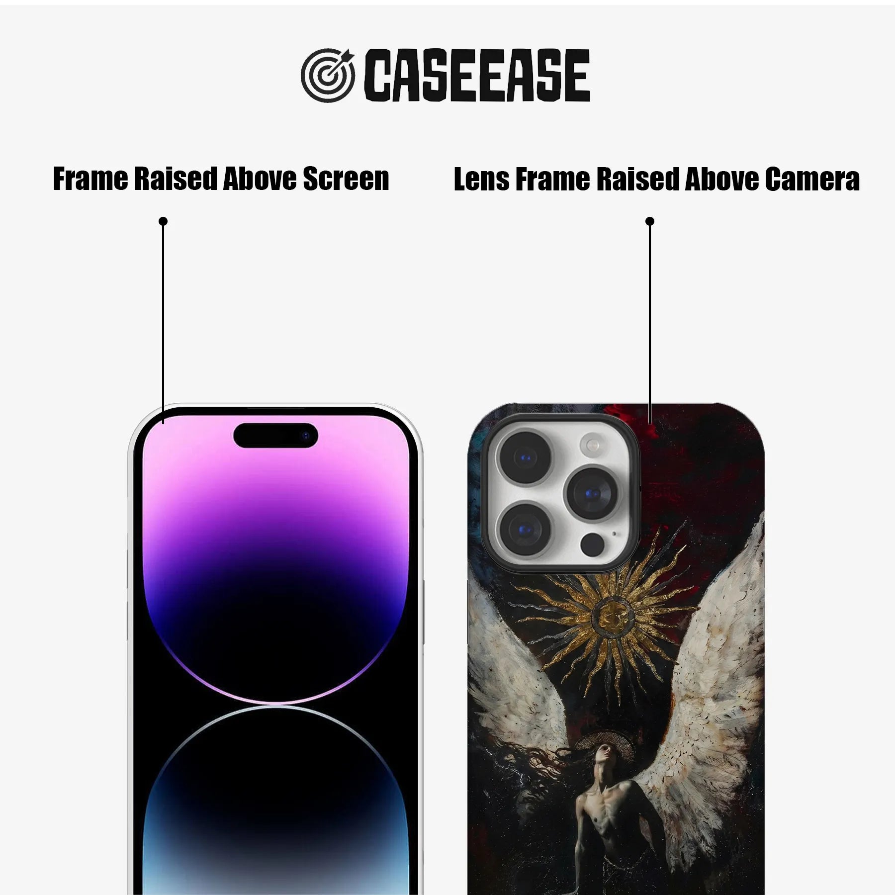 Black angel art phone case front and rear views with raised screen and camera frames
