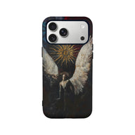 Dark angel artwork phone case with white wings and gold sun, rear angle