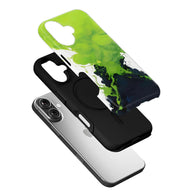 Green and navy abstract phone case angled exploded above black liner and smartphone