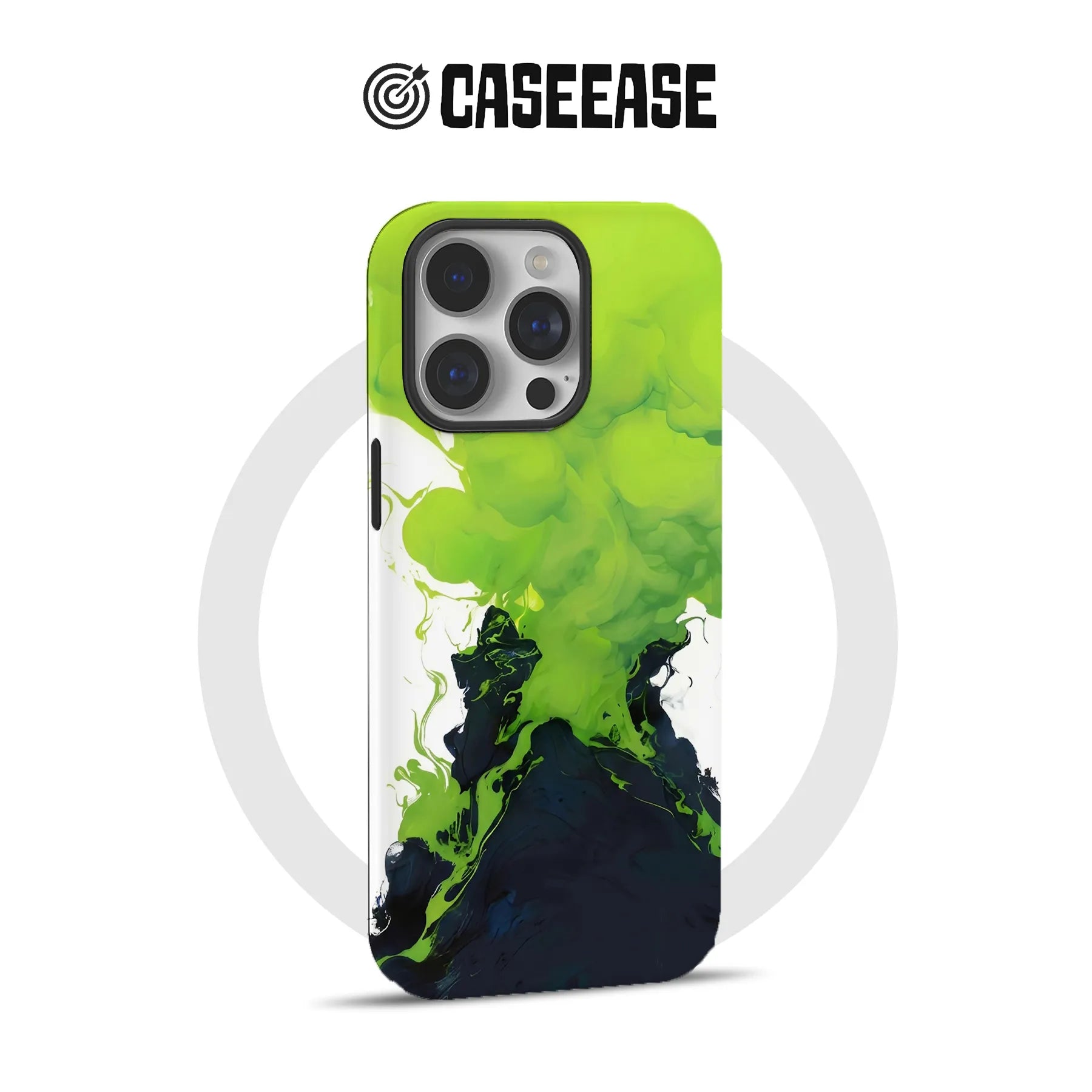 CASEEASE green and black abstract ink iPhone case shown from rear product angle