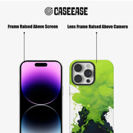 Green abstract phone case front and rear view with raised screen and camera frames