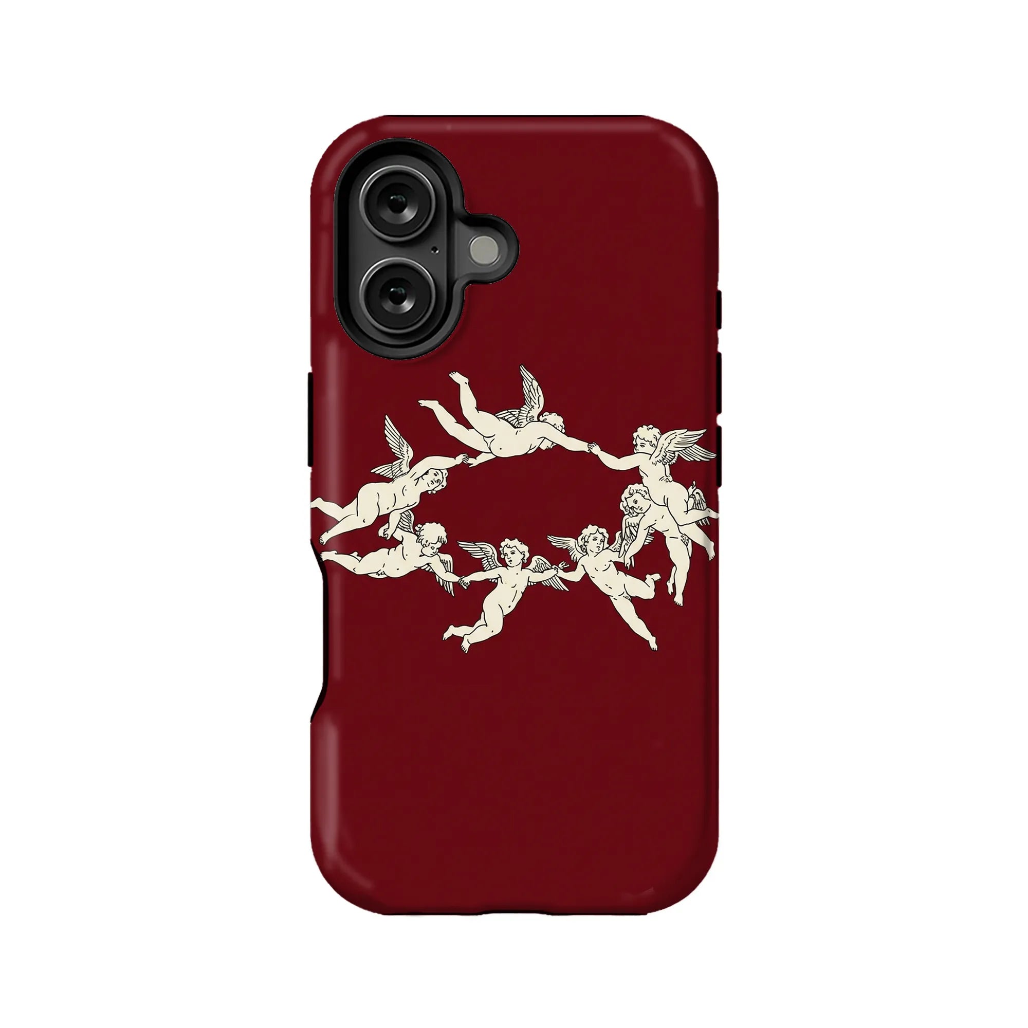 Deep red phone case with cream classical cherub artwork, rear product view