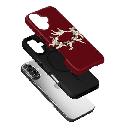 Burgundy plastic phone case with cherub artwork, angled exploded product view over smartphone
