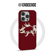 Burgundy iPhone case with white cherub design, rear product angle for Shopify store