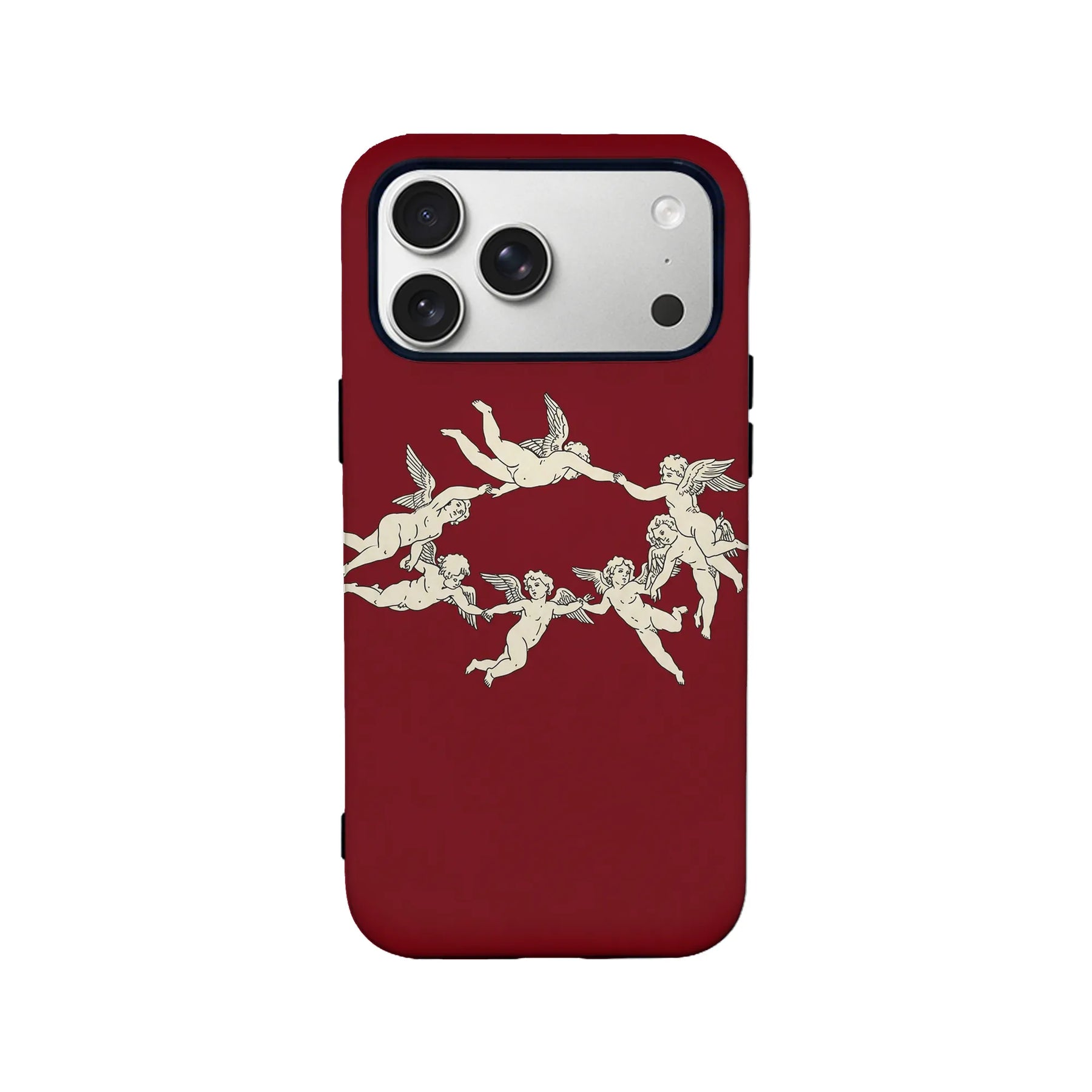 Red iPhone case with cream cherub artwork, rear product view on white background
