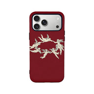 Red iPhone case with cream cherub artwork, rear product view on white background