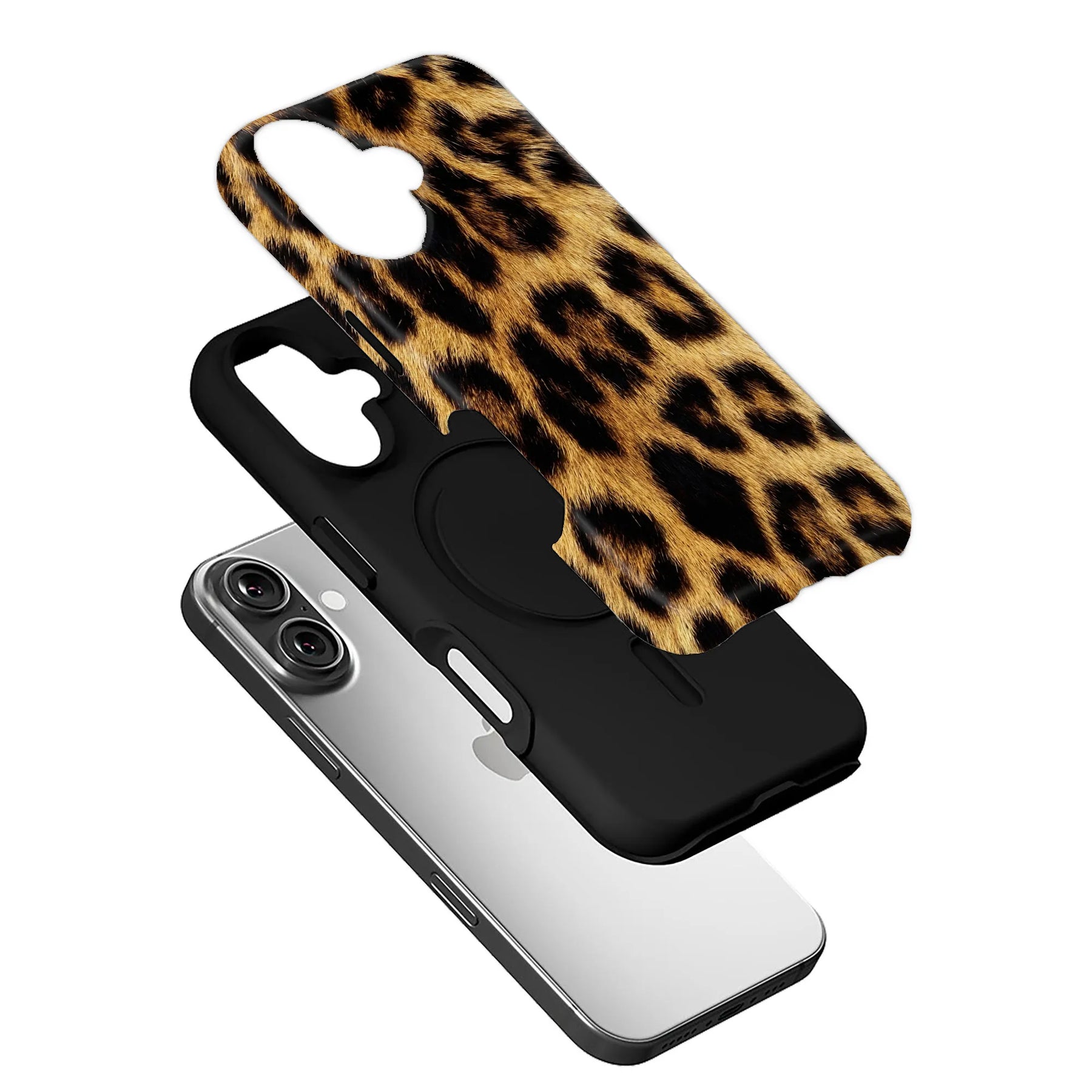 Brown and black leopard print phone case, angled exploded view over smartphone