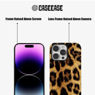Leopard print CASEEASE phone case front and back showing raised black screen and camera frames