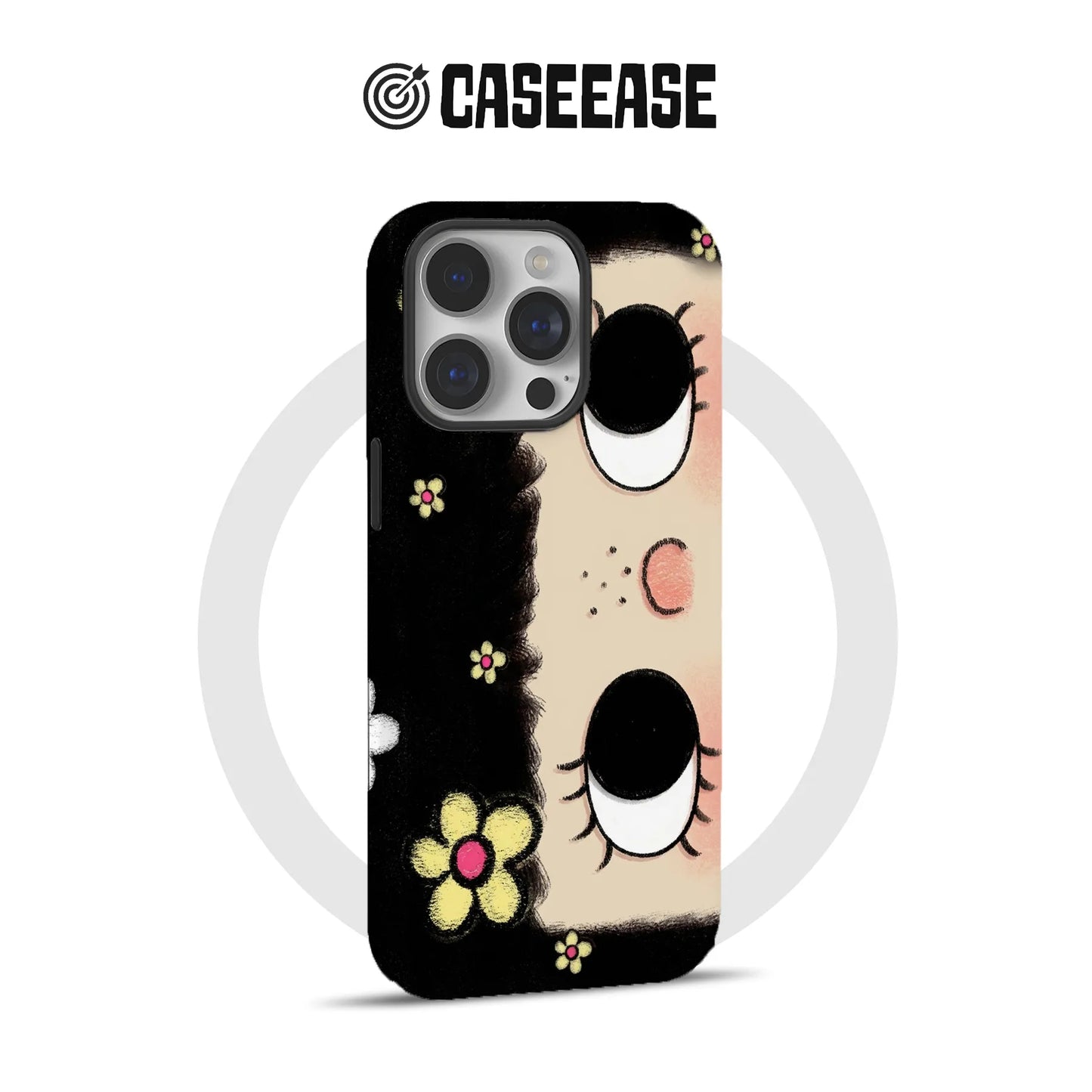 Black and beige illustrated phone case with eyes and flowers, rear product angle