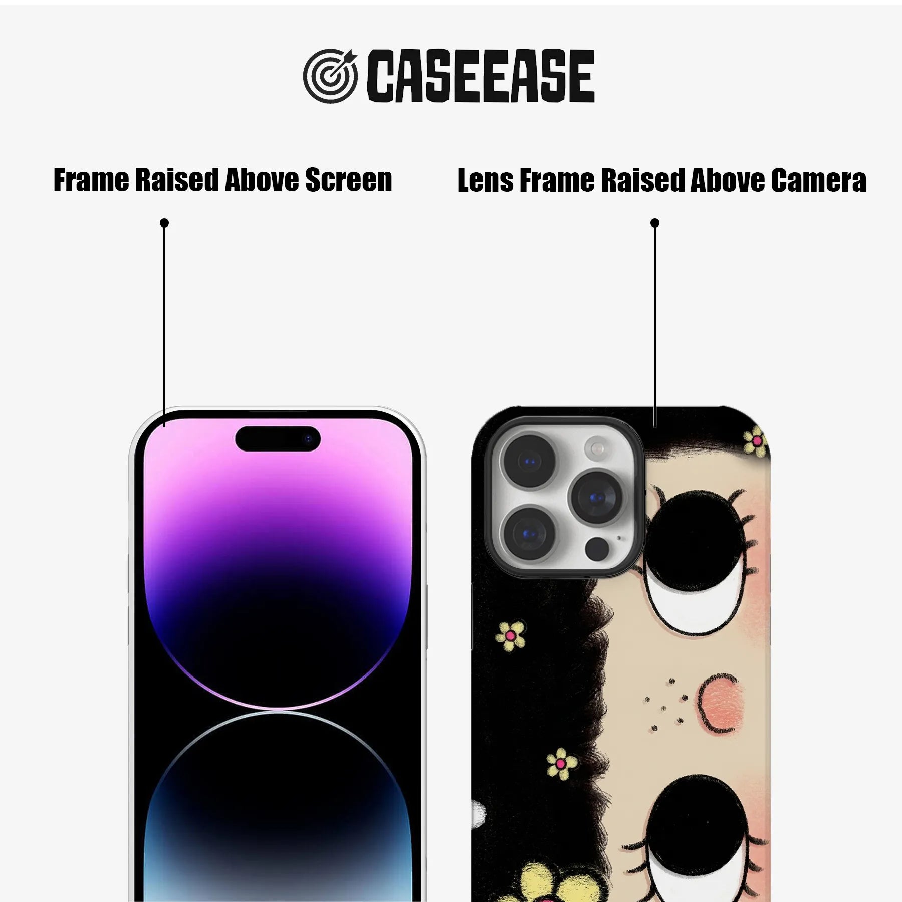 Black illustrated phone case shown front and back with raised screen and camera frames