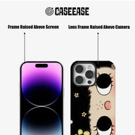 Black illustrated phone case shown front and back with raised screen and camera frames