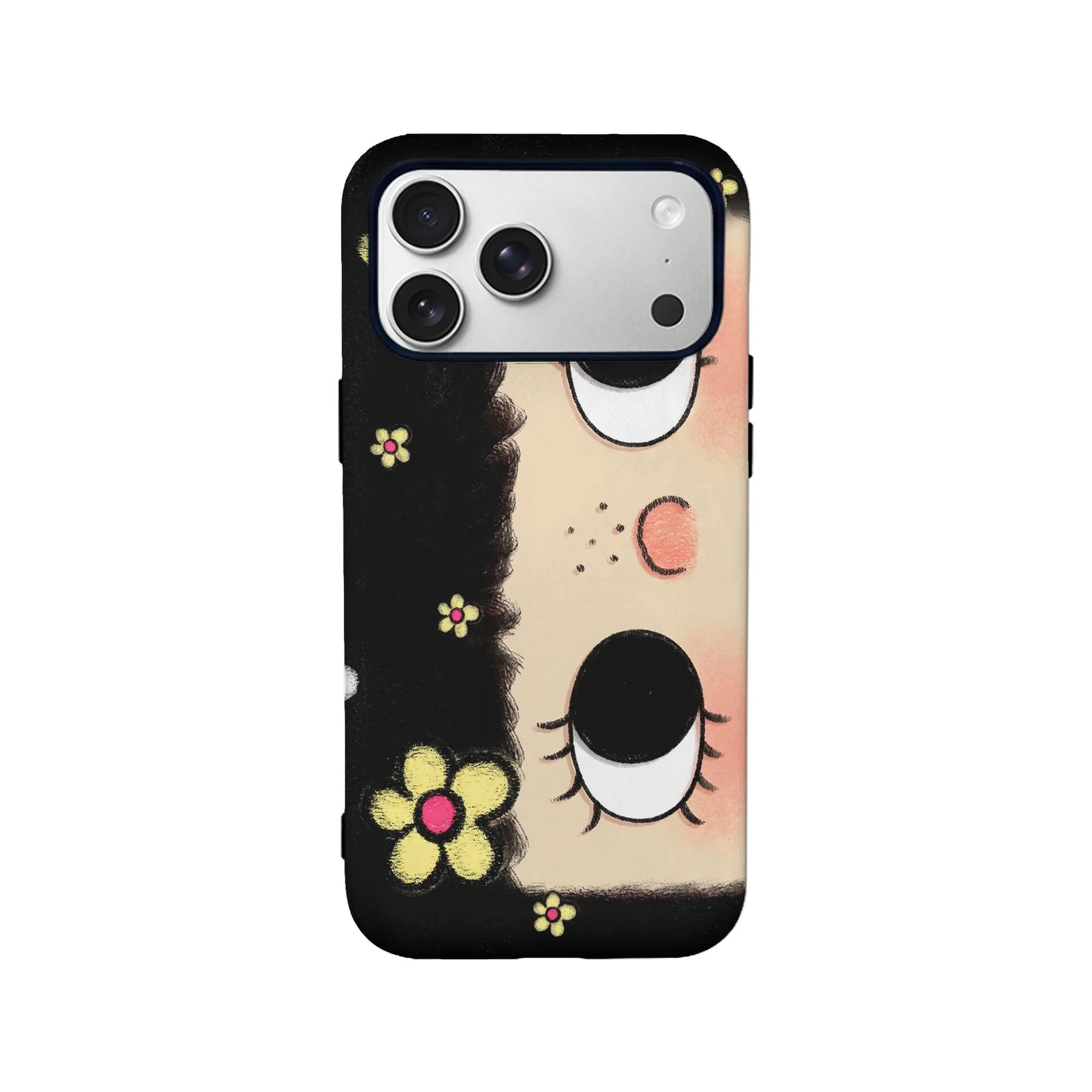 Black and cream cartoon face floral phone case, rear product view with camera cutout