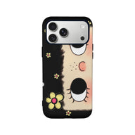 Black and cream cartoon face floral phone case, rear product view with camera cutout