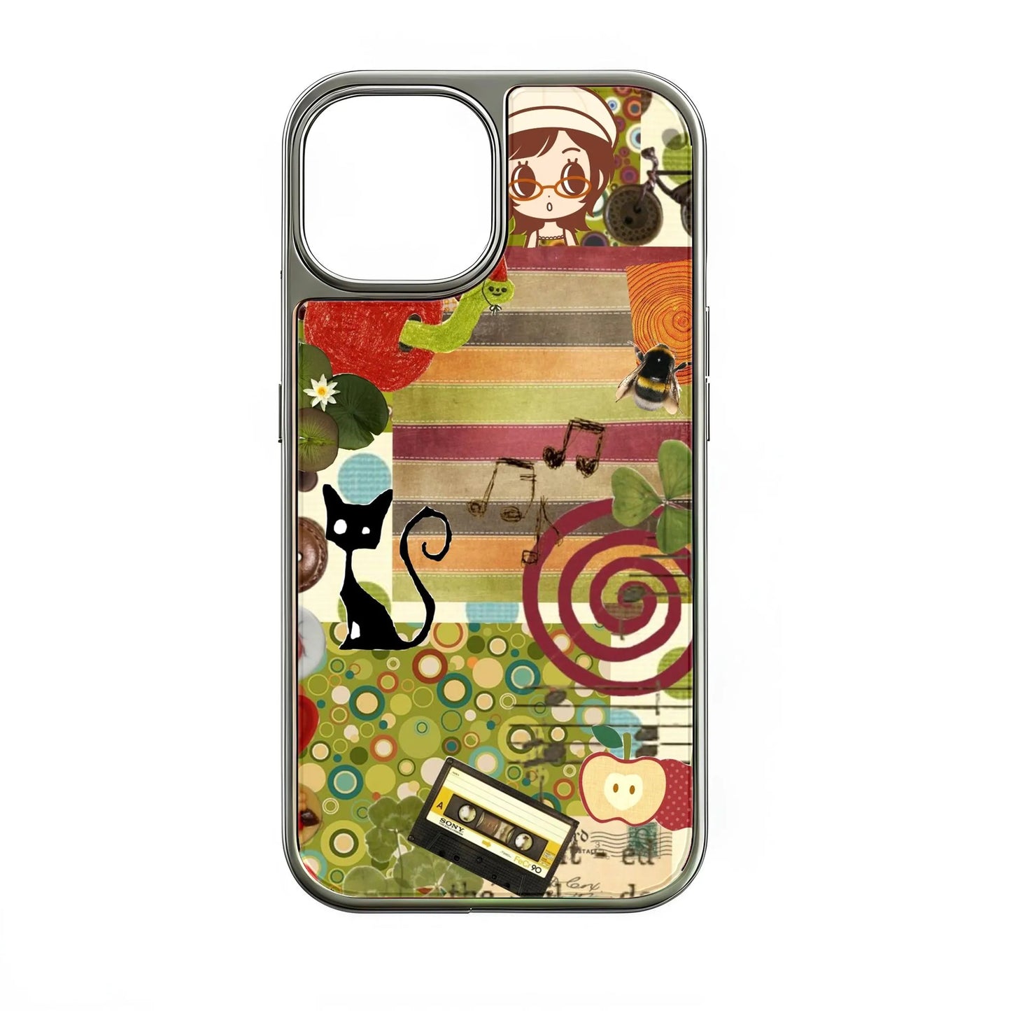 Holographic Chrome Vintage Collage Phone Case - Colorful Design with Retro Elements