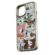 Silver smartphone case with Snoopy comic collage, angled rear product display
