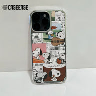 Silver-edged phone case with colorful Snoopy comic collage, rear close-up product shot