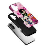 Pink cartoon leopard print phone case shown angled above black protective base