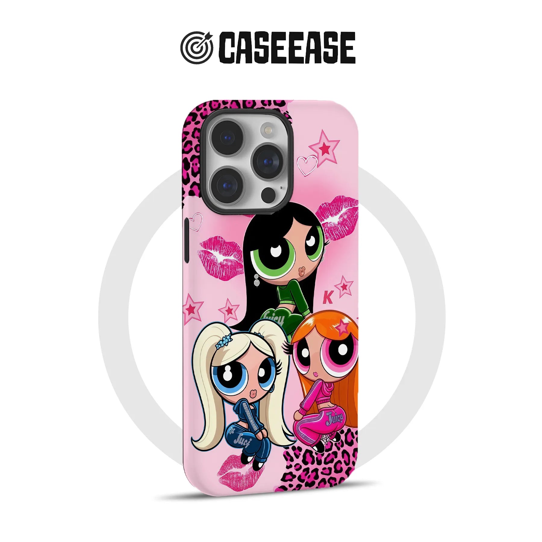 Pink CASEEASE phone case with cartoon girls, leopard accents, rear angled product display