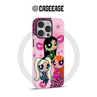 Pink CASEEASE phone case with cartoon girls, leopard accents, rear angled product display