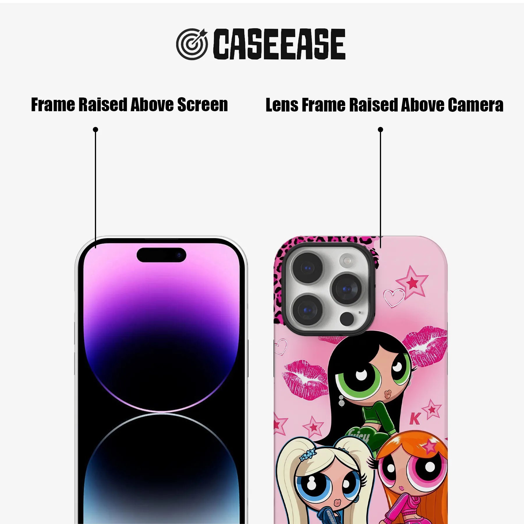 Pink cartoon phone case shown front and back with raised screen and camera frames