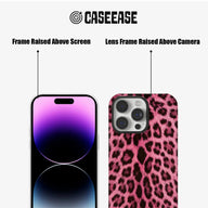 CASEEASE pink leopard print phone case, front and rear views with raised frames