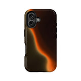 Dark brown plastic phone case with orange wave design, rear angle, dual camera cutout