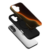 Black and brown orange two-piece phone case shown exploded above silver smartphone