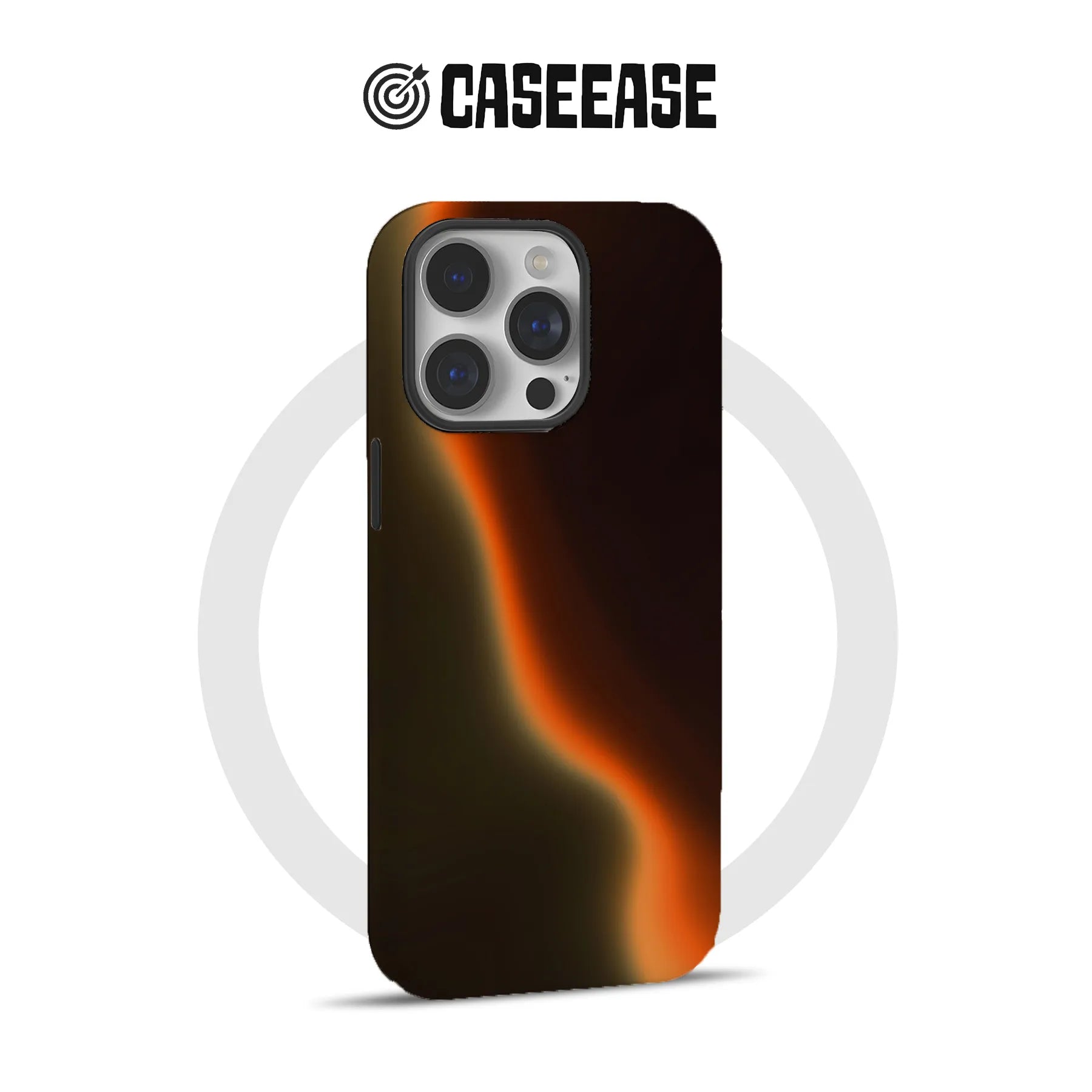 Black and orange gradient iPhone case shown from rear with triple camera cutout