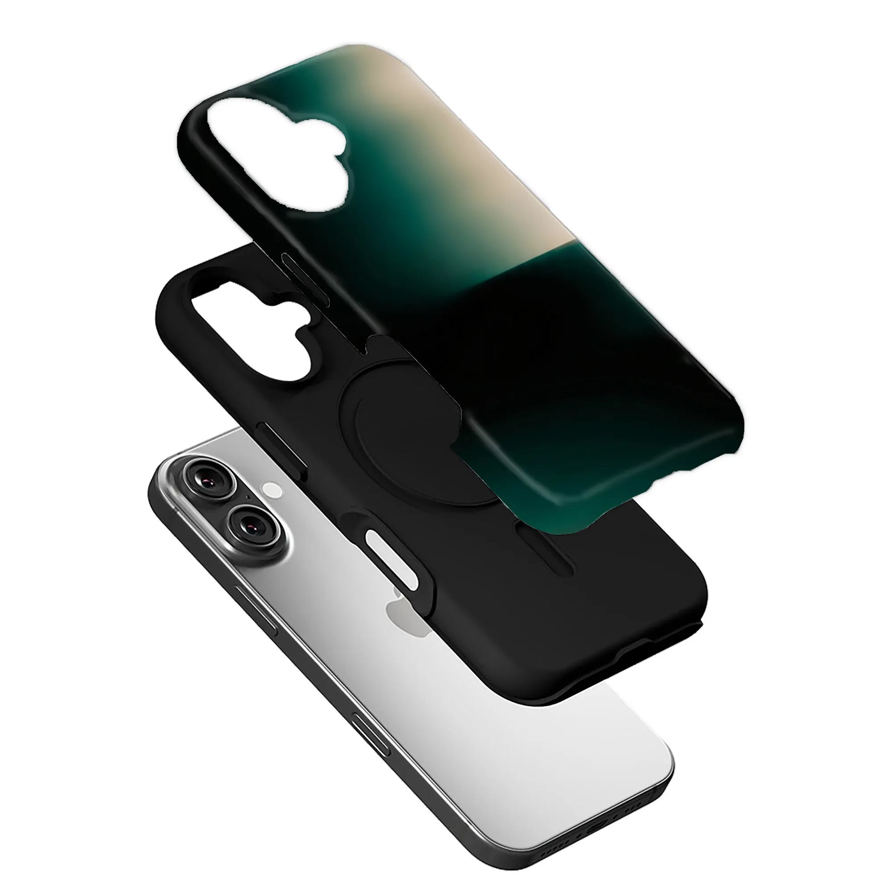 Black and green layered smartphone case shown in angled exploded product view