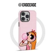 Pink cartoon phone case with bubblegum girl design, rear angled product display